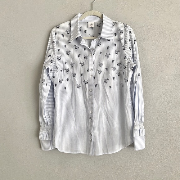 Cabi Button Down Top Size Medium Whitney 5368 Floral Stripe Blue White - Picture 2 of 11